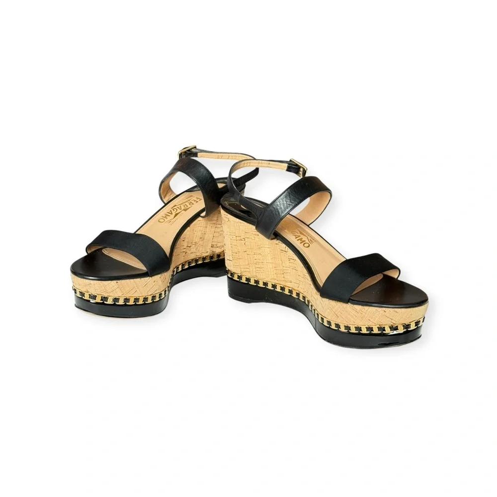 Salvatore Ferragamo ꔘ Mollie Chain Platform Wedge Sandals ꔘ Black Leather ꔘ 9.5B